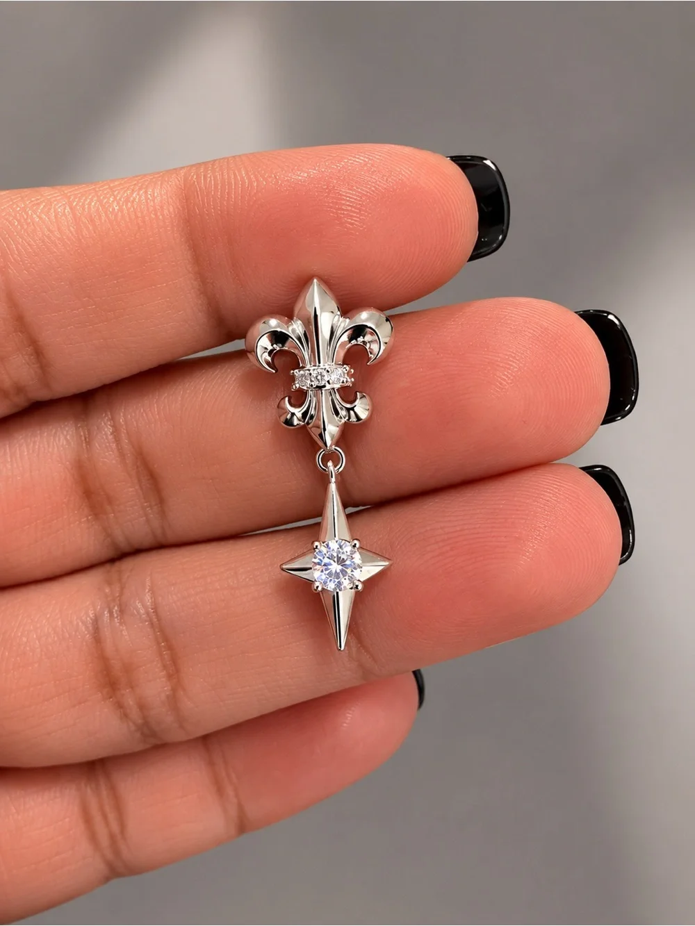 S925 Sterling Silver Fleur-de-Lis Star Drop Earrings | CZ Dangle Earrings